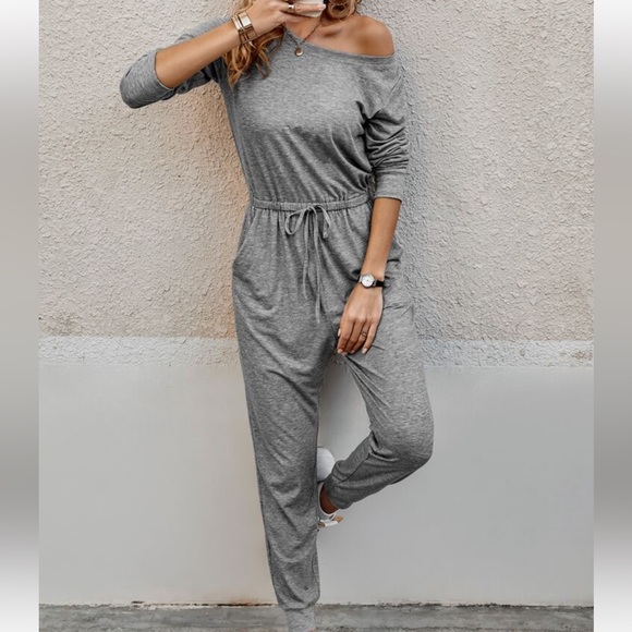 Classic Elegant Asymmetrical Neck Long Sleeve Knot Tie Waist Tee Jumpsuit - Picture 7 of 11